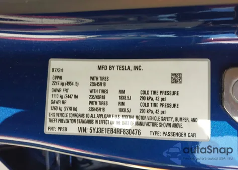 2024 Tesla Model 3 Long Range Dual Motor All-Wheel Drive from USA, damaged, VIN 5YJ3E1EB4RF830476